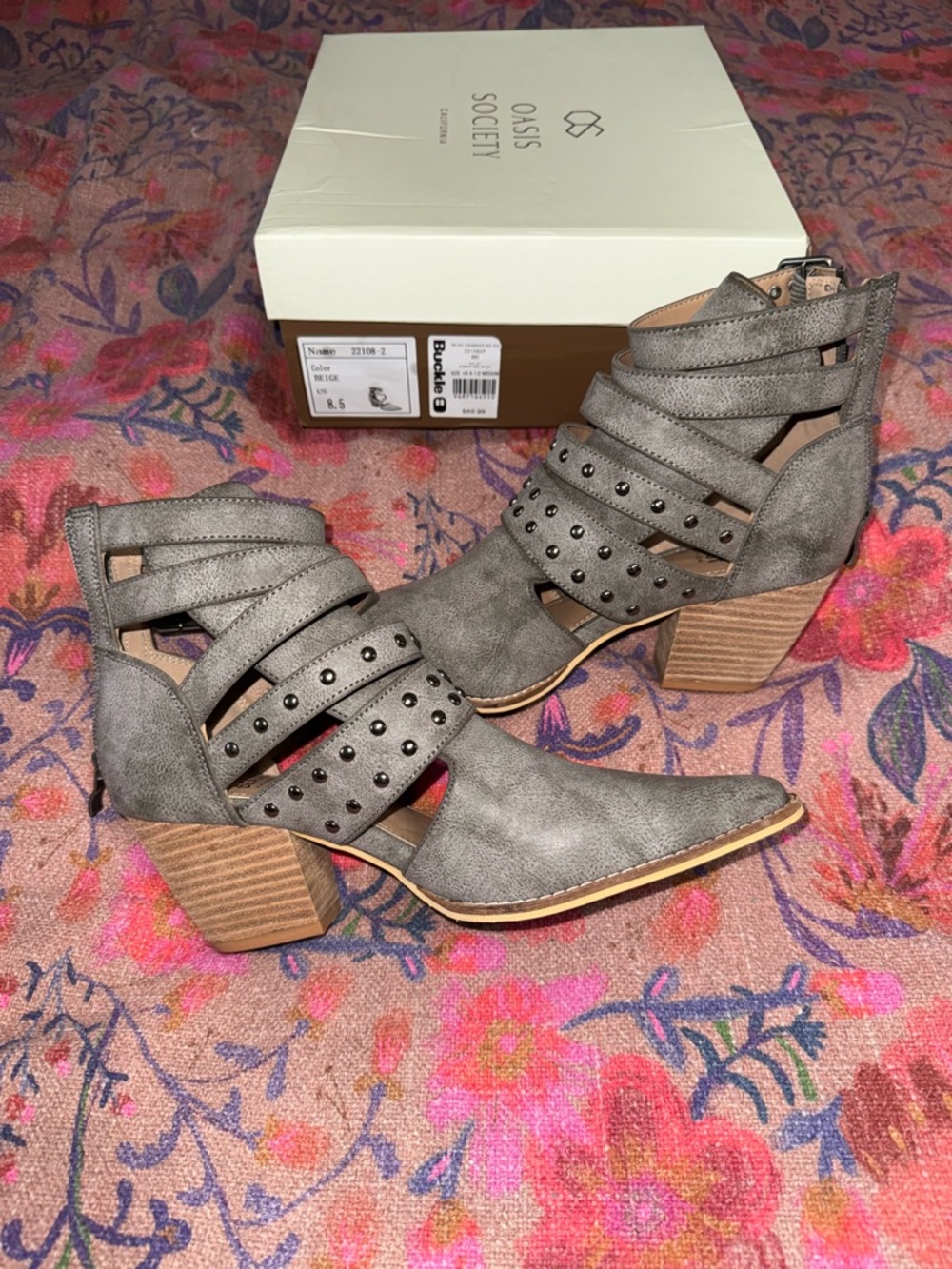 Society Gray Studded Cutout Block Heel Ankle Boots